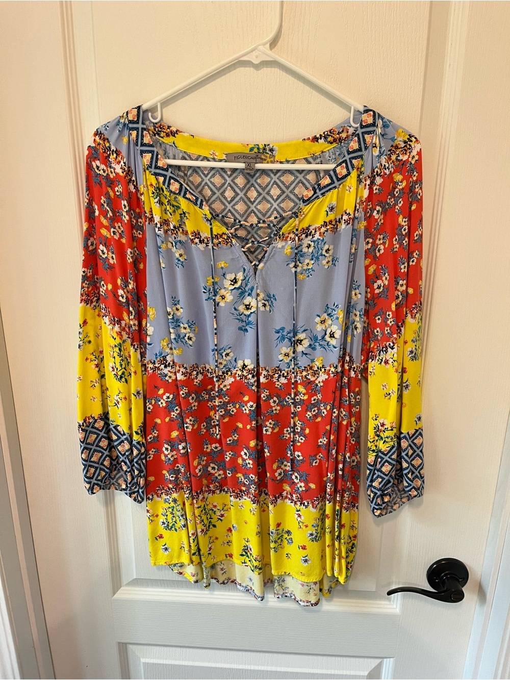 Boho Lace-Up Mixed-Print Tunic - Yellow/Red/Blue